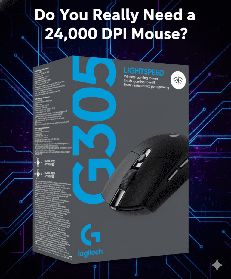 Box of Logitech G305 Lightspeed Wireless Gaming Mouse against a digital circuit background. Text above asks, 'Do You Really Need a 24,000 DPI Mouse?