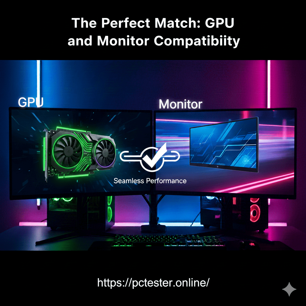 Dual monitors display a GPU and a monitor connected, with a checkmark symbol for "Seamless Performance." Neon pink and blue lights illuminate the setup.