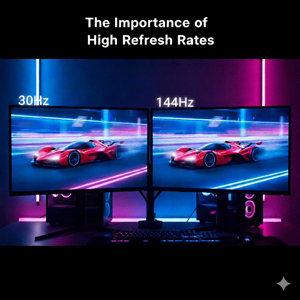 Two monitors display a red race car. The left screen (30Hz) appears blurry, while the right (144Hz) is sharp. Neon lights create a vibrant, tech atmosphere.