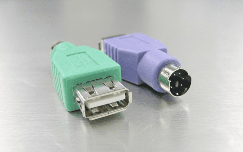 Close-up of a green USB to PS/2 adapter and a purple PS/2 to USB adapter on a reflective silver surface, conveying a tech-related theme.