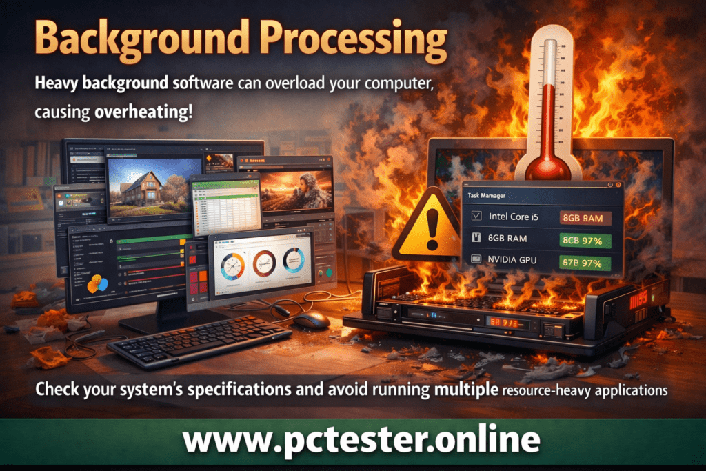 Overheated computer with flames, warning triangle, and thermometer. Screens display resource usage. Text warns against heavy background processes. Website: pctester.online.
