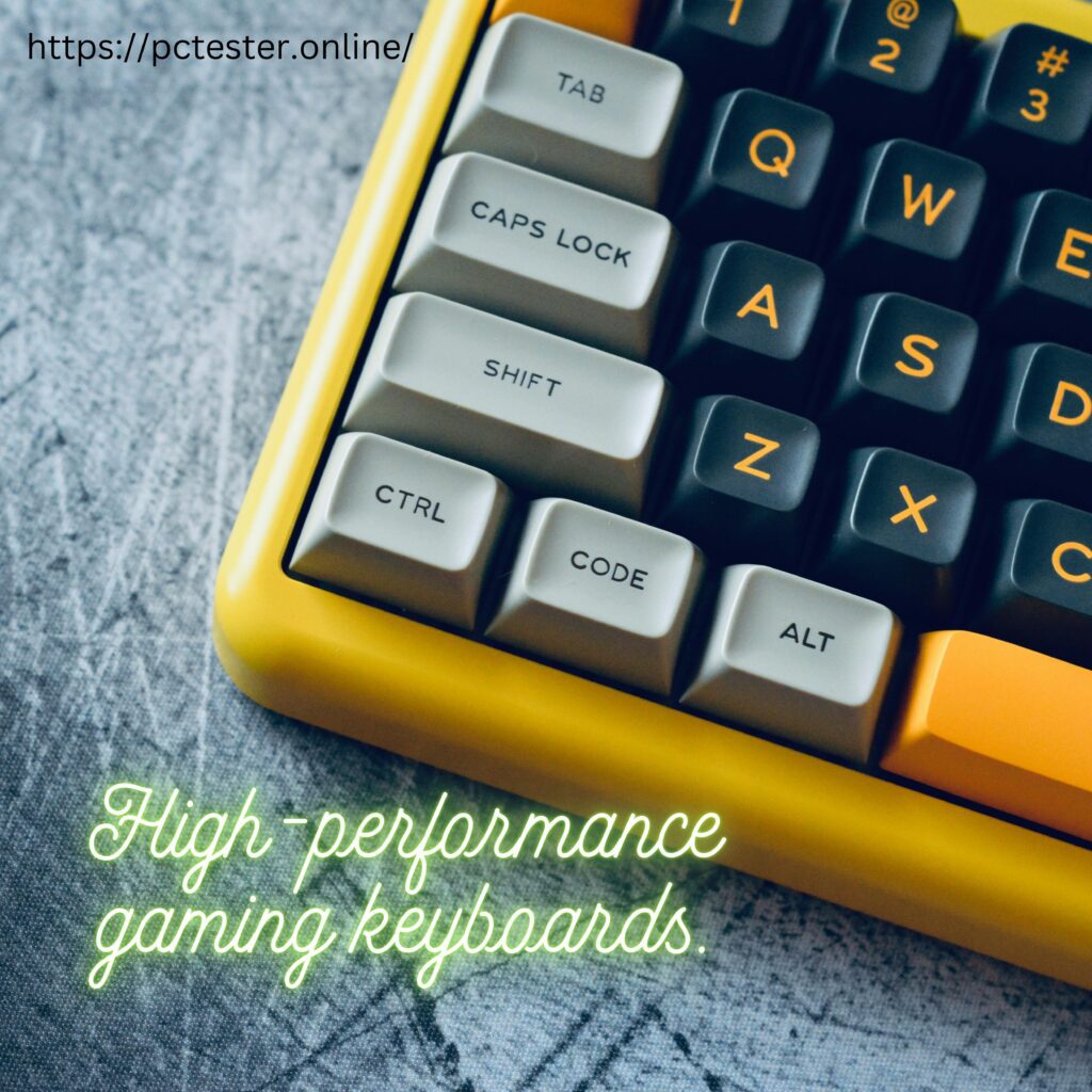 Close-up of a yellow and gray keyboard with orange letter accents, featuring "High-performance gaming keyboards" in neon text. A website URL is visible.