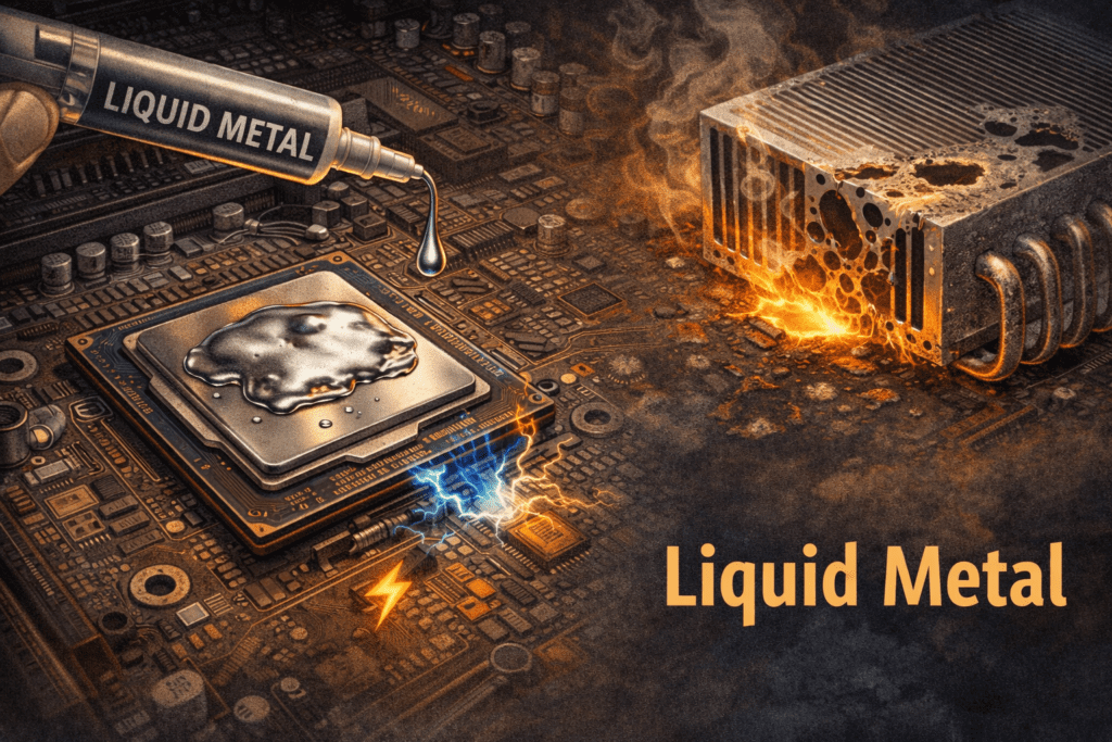 A dropper labeled "Liquid Metal" drips onto a CPU, with liquid metal pooling on top. Nearby, a heat sink appears burnt, emitting smoke and sparks. Text reads "Liquid Metal."