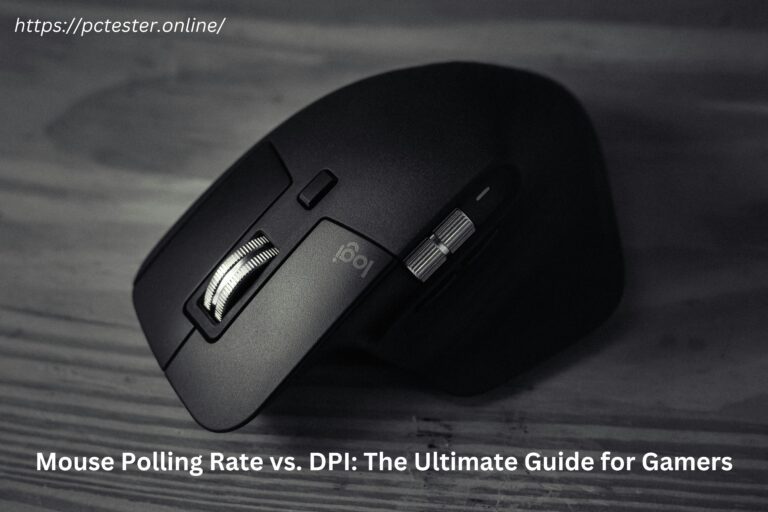 Close-up of a black gaming mouse on a wooden surface, with "Mouse Polling Rate vs. DPI: The Ultimate Guide for Gamers" text in white.