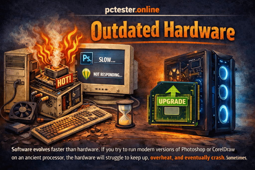 Illustration of outdated hardware overheating with flames, an old monitor displaying "slow" and "not responding." Modern PC labeled "Upgrade." Tone: urgent.