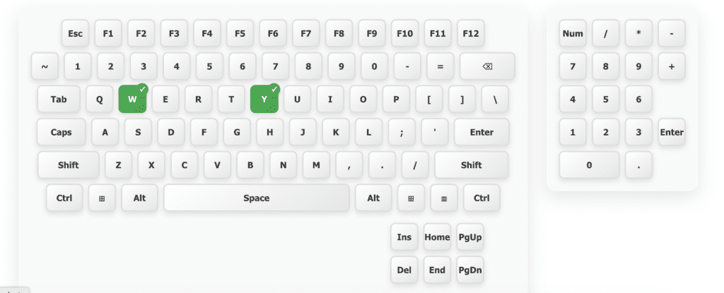 omputer keyboard with a numeric keypad. Keys "W", "E", "R", and "Y" are highlighted in green. The layout is clean, conveying a modern feel.