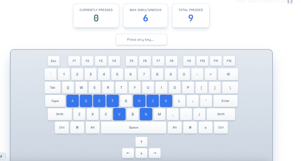 Alt text: "Virtual keyboard interface showing keys W, A, S, D, F, J, K, V, and N in blue, indicating they are pressed. Statistics above display 'Currently Pressed: 0', 'Max Simultaneous: 6', and 'Total Pressed: 9'."