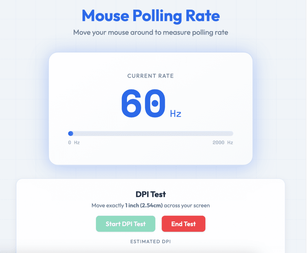 A webpage displaying mouse polling rate at 60Hz with a horizontal slider ranging from 0 to 2000Hz. Below, there are green 'Start DPI Test' and red 'End Test' buttons.