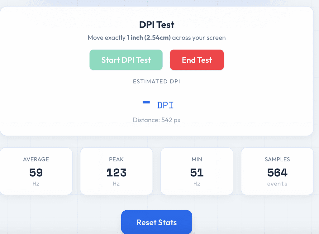 DPI test interface. It includes green "Start Test" and red "End Test" buttons, distance slider, and stats: average, peak, min, and samples.