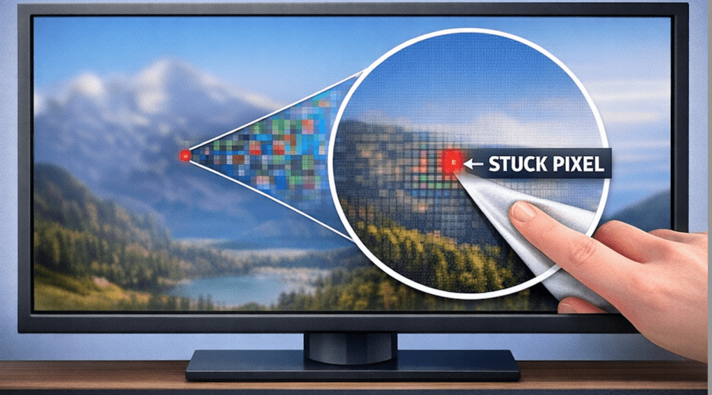 A monitor displays a mountain landscape with a highlighted close-up showing a "stuck pixel" marked in red. A hand points to the pixel.