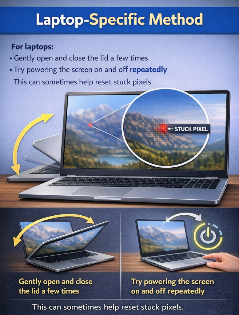 Laptop troubleshooting guide for fixing stuck pixels. Instructions: Close and open the lid, cycle power repeatedly. Image shows a marked stuck pixel.
