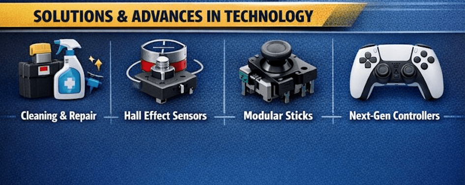 "Four sections under 'Solutions & Advances in Technology': 1) Cleaning & Repair with cleaning tools. 2) Hall Effect Sensors image. 3) Modular Sticks depiction. 4) Next-Gen Controllers with a sleek game controller. Blue background with yellow header conveys innovation."