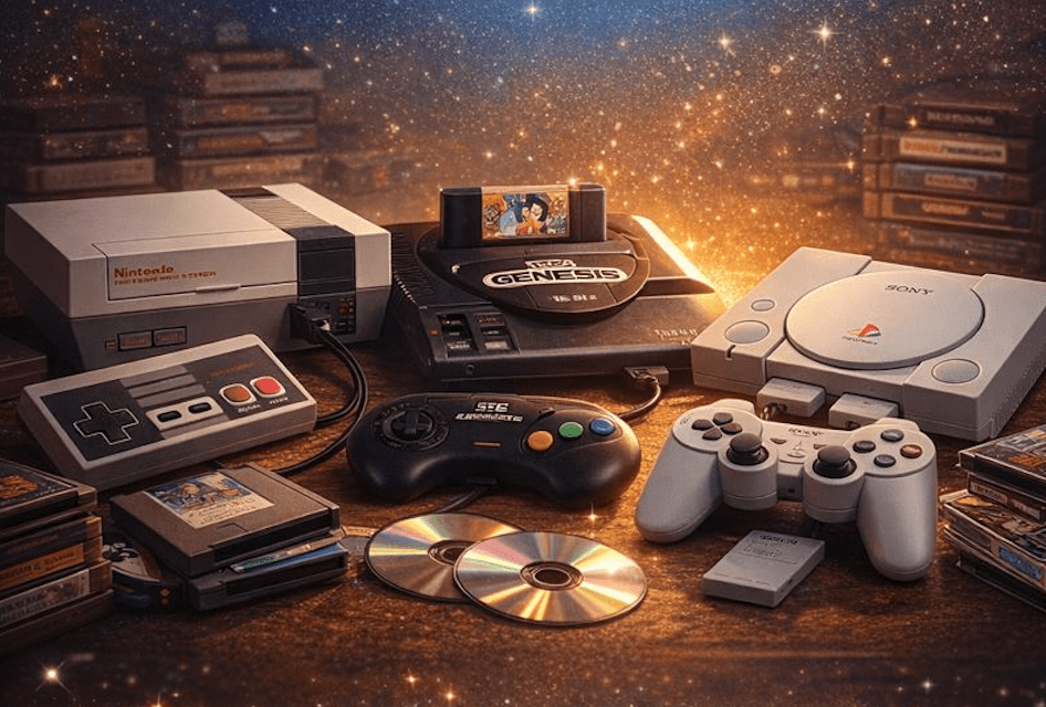 A nostalgic collection of retro gaming consoles and controllers including a Nintendo, Sega Genesis, and PlayStation, surrounded by cartridges and discs on a wooden surface with a warm, glittering backdrop.