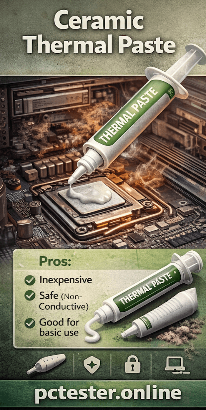 An illustrated guide features a syringe labeled “Thermal Paste” applying paste onto a CPU. Lists benefits: inexpensive, safe, good for basic use.