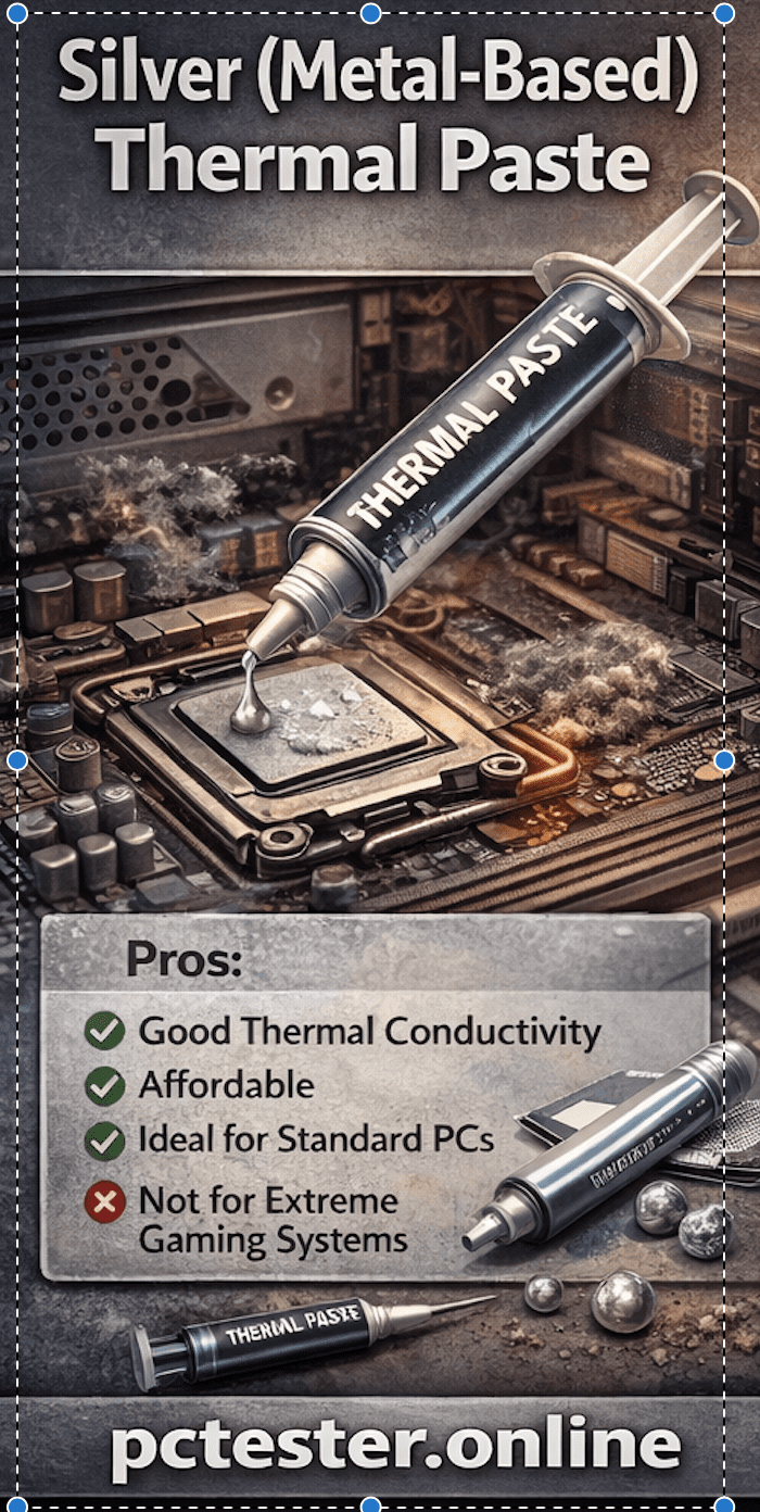 Syringe labeled "Thermal Paste" over a CPU on a motherboard. Text highlights pros: thermal conductivity, affordability, for standard PCs, not for gaming. Website: pctester.online.