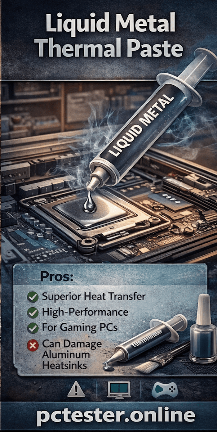 A syringe labeled "Liquid Metal" dispenses paste onto a computer chip. Text highlights pros and a con, ending with a website link. Tech-focused and informational.