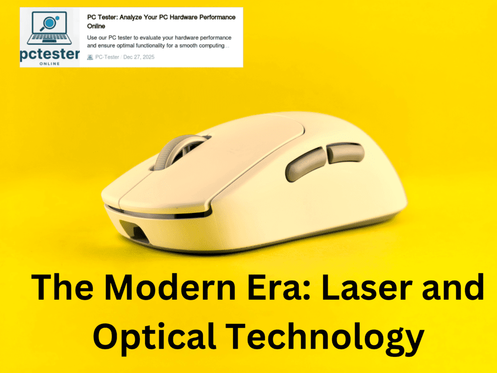 A white computer mouse on a vibrant yellow background. Text reads, "The Modern Era: Laser and Optical Technology," conveying innovation and technology.