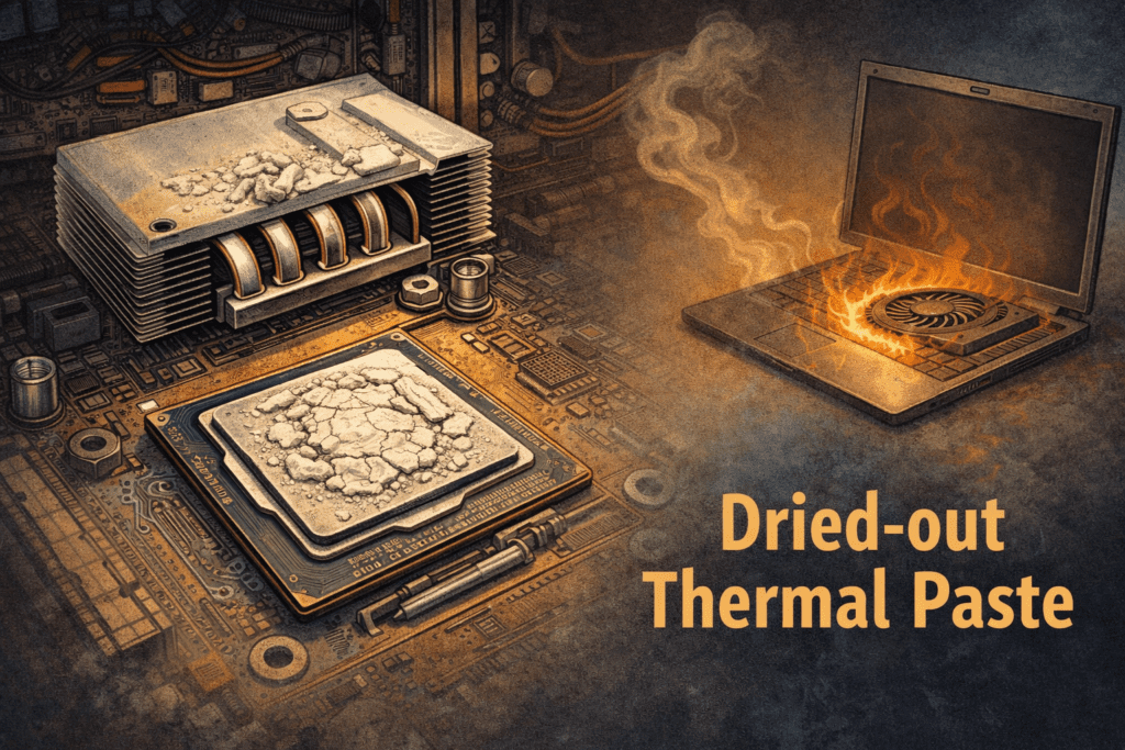 Cracked thermal paste on computer parts with a laptop emitting flames and smoke. Text reads "Dried-out Thermal Paste," indicating overheating issues.