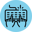Icon of two hands typing on a keyboard with blue circular background. The design is outlined in black, suggesting digital communication.