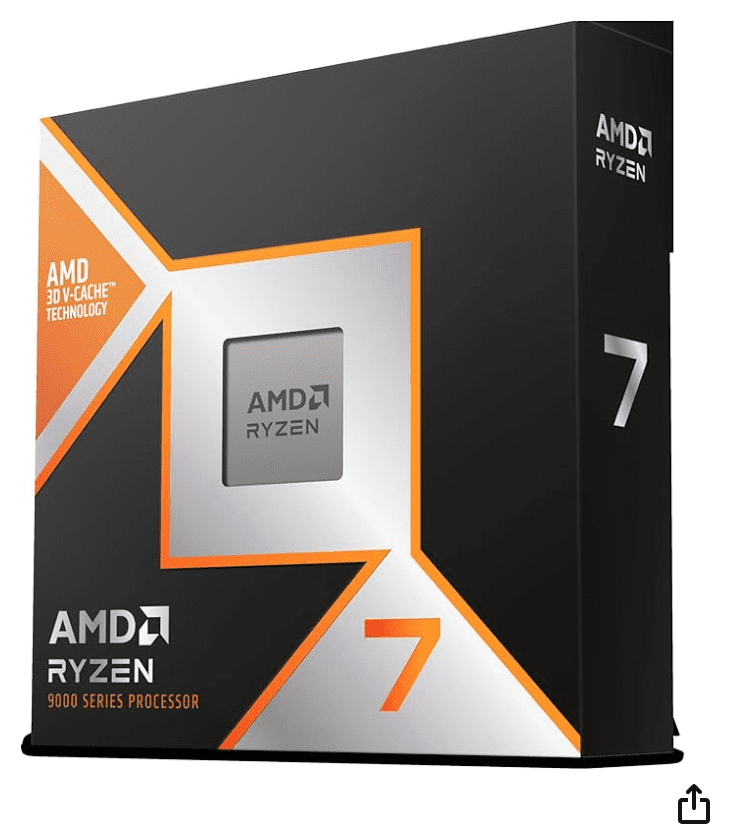 AMD Ryzen 9000 Series Processor box with 3D V-Cache Technology logo. Bold black and orange design, silver chip partially visible, evoking innovation.