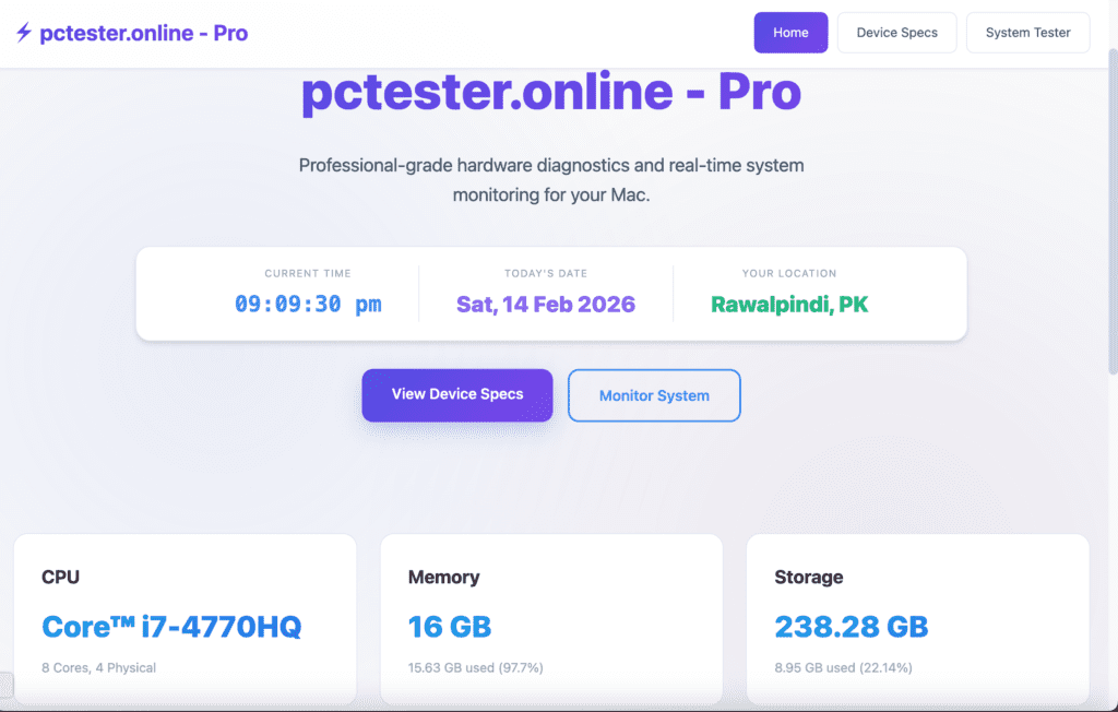 Screenshot of a system monitoring webpage for Mac, showing the website name 'pctester.online - Pro.' The time, date, and location are displayed, along with system specs: an Intel Core i7-4770HQ CPU, 16 GB memory, and 238.28 GB storage. Buttons for 'View Device Specs' and 'Monitor System' are visible. The design is clean and modern."