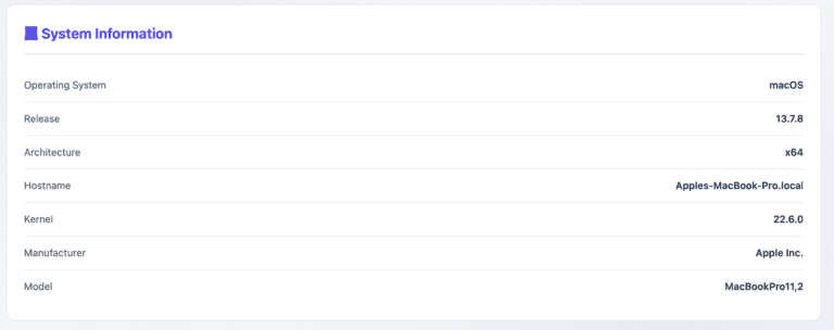 System information table showing details of a MacBook, including macOS 13.7.8, x64 architecture, and model MacBookPro11,2. Clean layout."