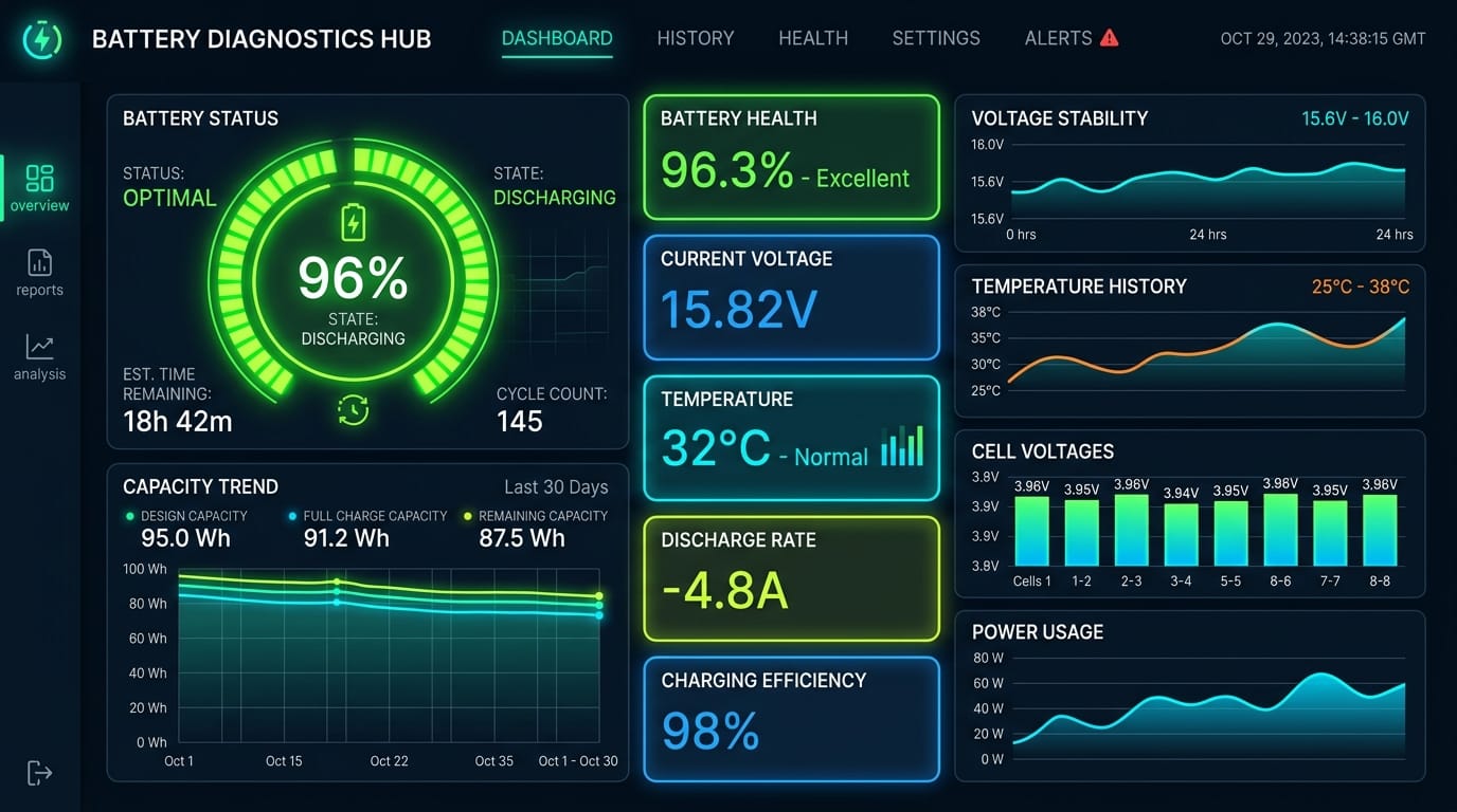 Battery diagnostics dashboard in PCTester Pro