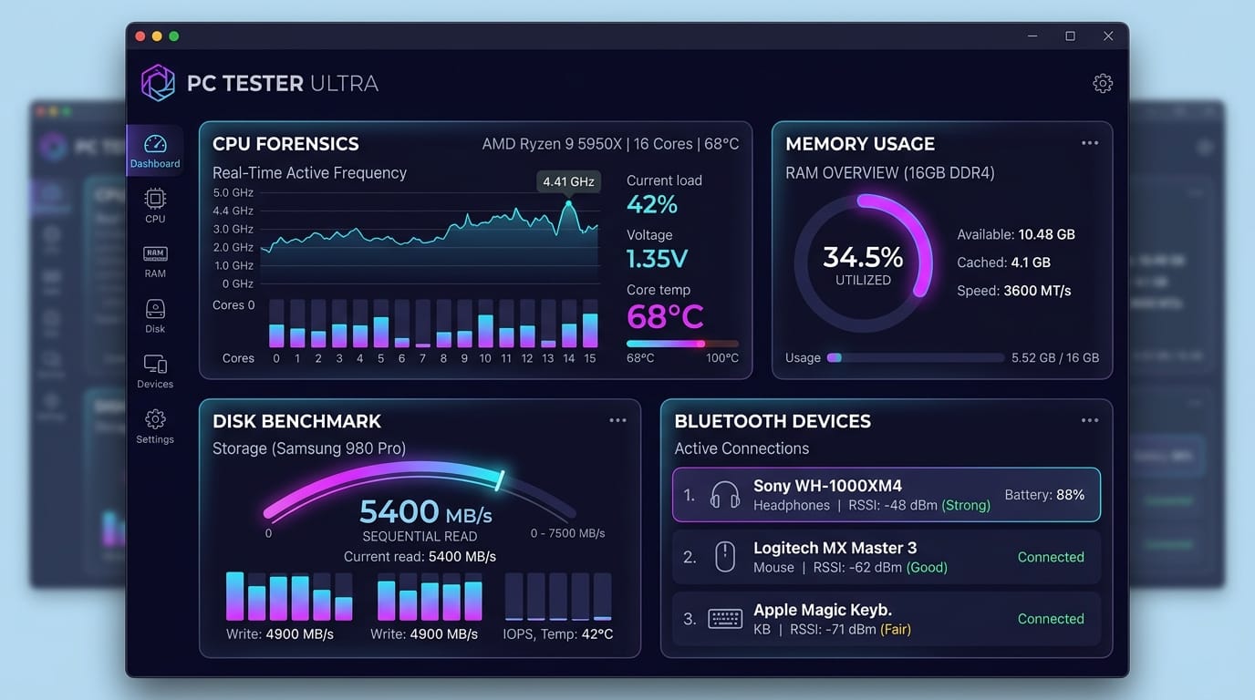 PC Tester Ultra Telemetry Dashboard Screenshot